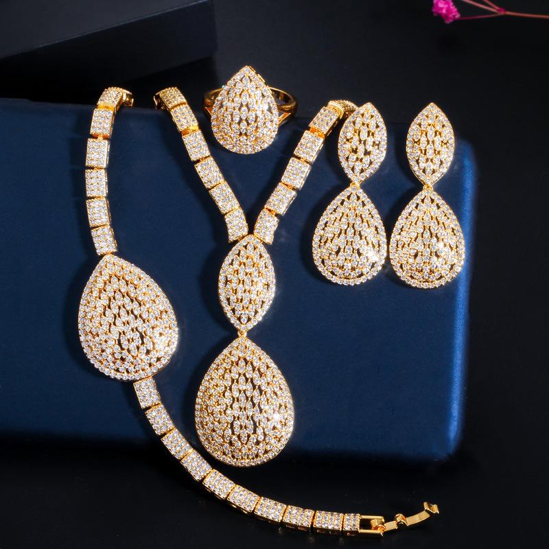 Gold-Plated Diamond Drop Necklace Earrings Bracelet Ring Jewelry Zircon Four-Piece Set