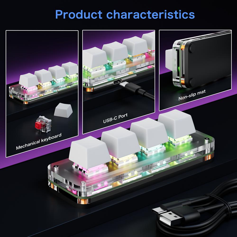 Mini Macro Mechanical Keyboard 4 Keys USB Wired RGB Gaming Custom Programming Portable Keypad Hot Swap Switch for Photoshop