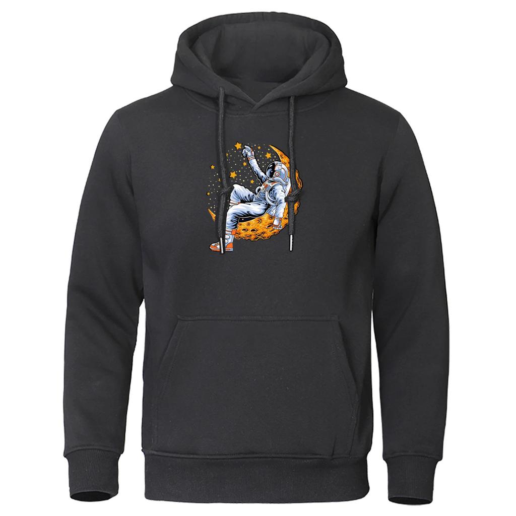landing moon Men's Spring and Autumn Harajuku Printing Lunar Cleaner Casual Solid Color Pullover Hoodie Drawstring Clothes