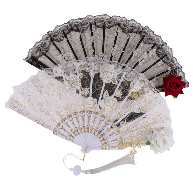 Ladies Lace Hand Fan Black White Cloth Folding Fans With Tassels Ancient-Style Dance Folding Hand Fan For Wedding Party Favor