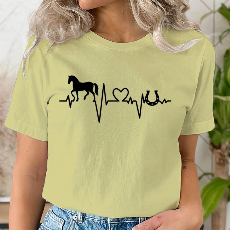 

Футболка с принтом «лошадь сердцебиение» женская с коротким рукавом и круглым вырезом свободная футболка Harajuku модные женские летние футболки с принтом «лошадь» топы 3XL