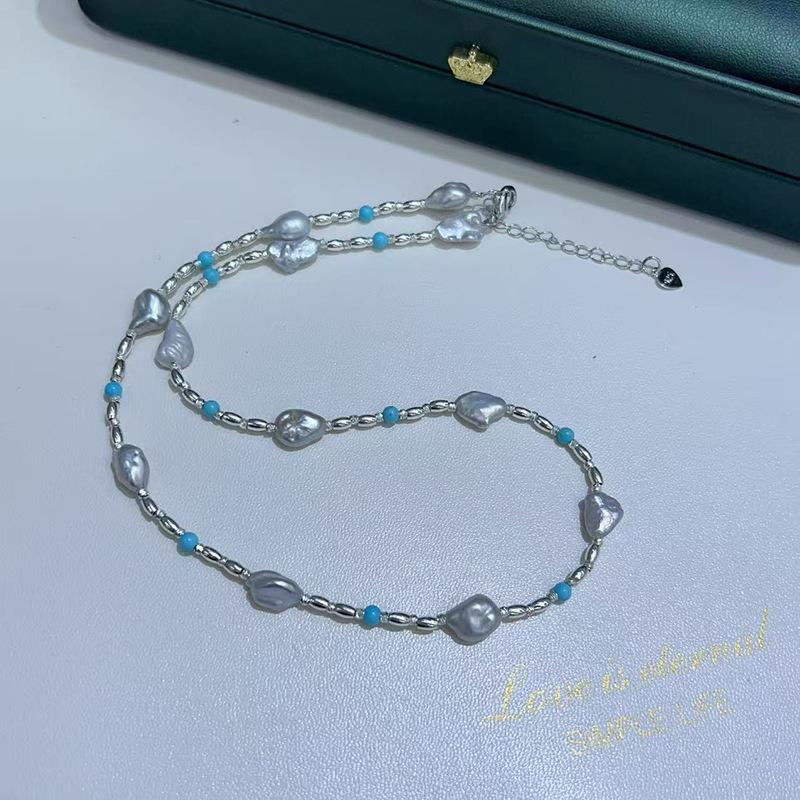 Irregular Baroque Freshwater Pearls & Turquoise Gypsophila Design Accessories Ethnic/National Style серый