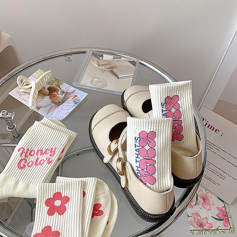 Pink Flower Women Socks  Cute Sweet Harajuku Cotton Socks Casual Korea Japanese Kawaii Girls Calcetines