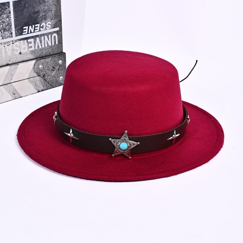 Tibetan Party Hat European and American Solid Color Woolen Jazz Hat Outdoor Western Cowboy Hat Leather Top Hat