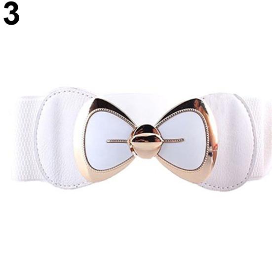 Women Bowknot Buckle Metallic Faux Leather Waistband Elastic Croset Waist Belt