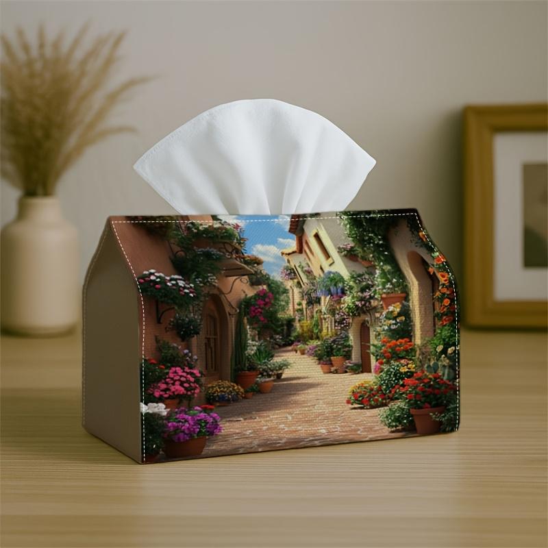 1pc Mediterranean & Floral Tissue Box - Decorative Tissue Holder Suitable for Bedroom, Living Room, Car - Storage with Mediterranean Romantic Landscap
