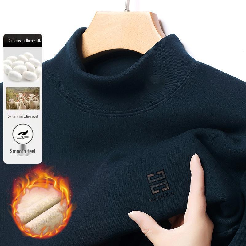 Men s Winter Fleece-Lined Casual High Collar Sweatshirt - Dad s Warm Base Layer Top Fleece Lined Navy