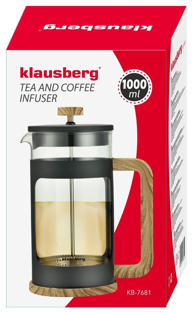 Zaparzacz do kawy/herbaty 1.0L French Press drewniany uchwyt KLAUSBERG KB-7681