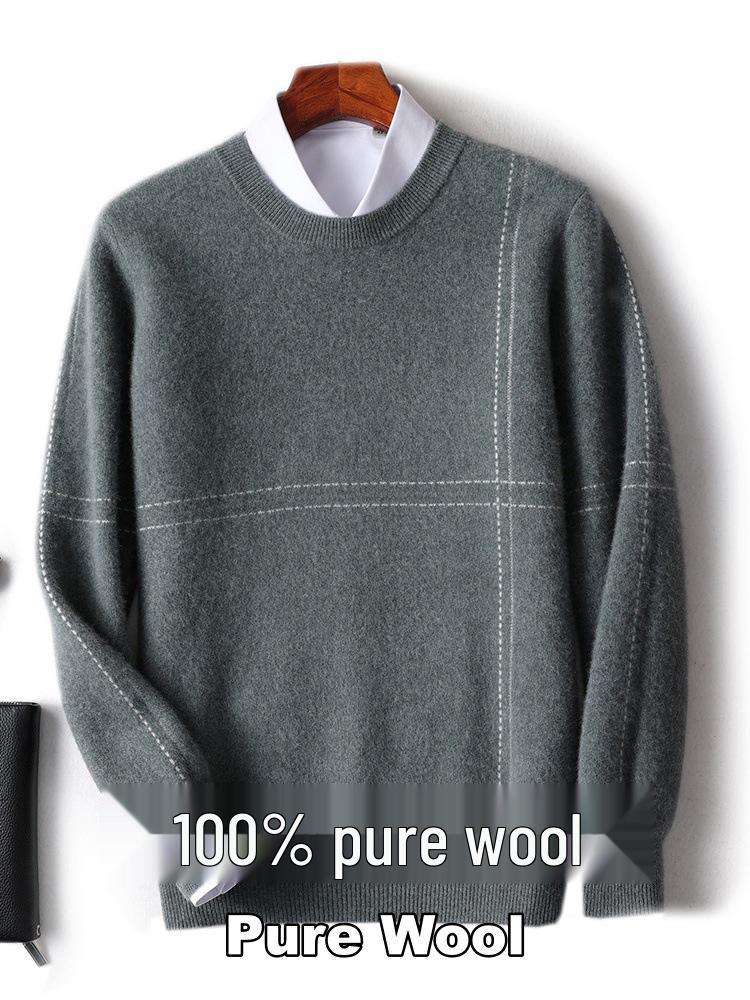Men's Loose Round Neck 100% Wool Autumn & Winter Thick Knit Pullover Sweater
