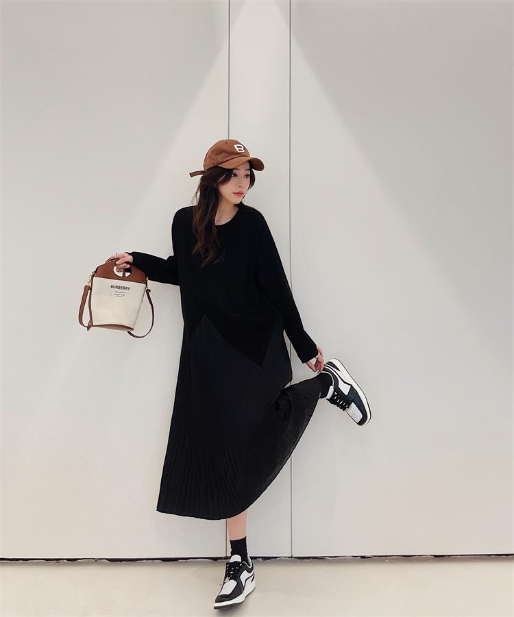 2023 Autumn/Winter Plus Size Patchwork Pleated Long Sleeve Dress for Women