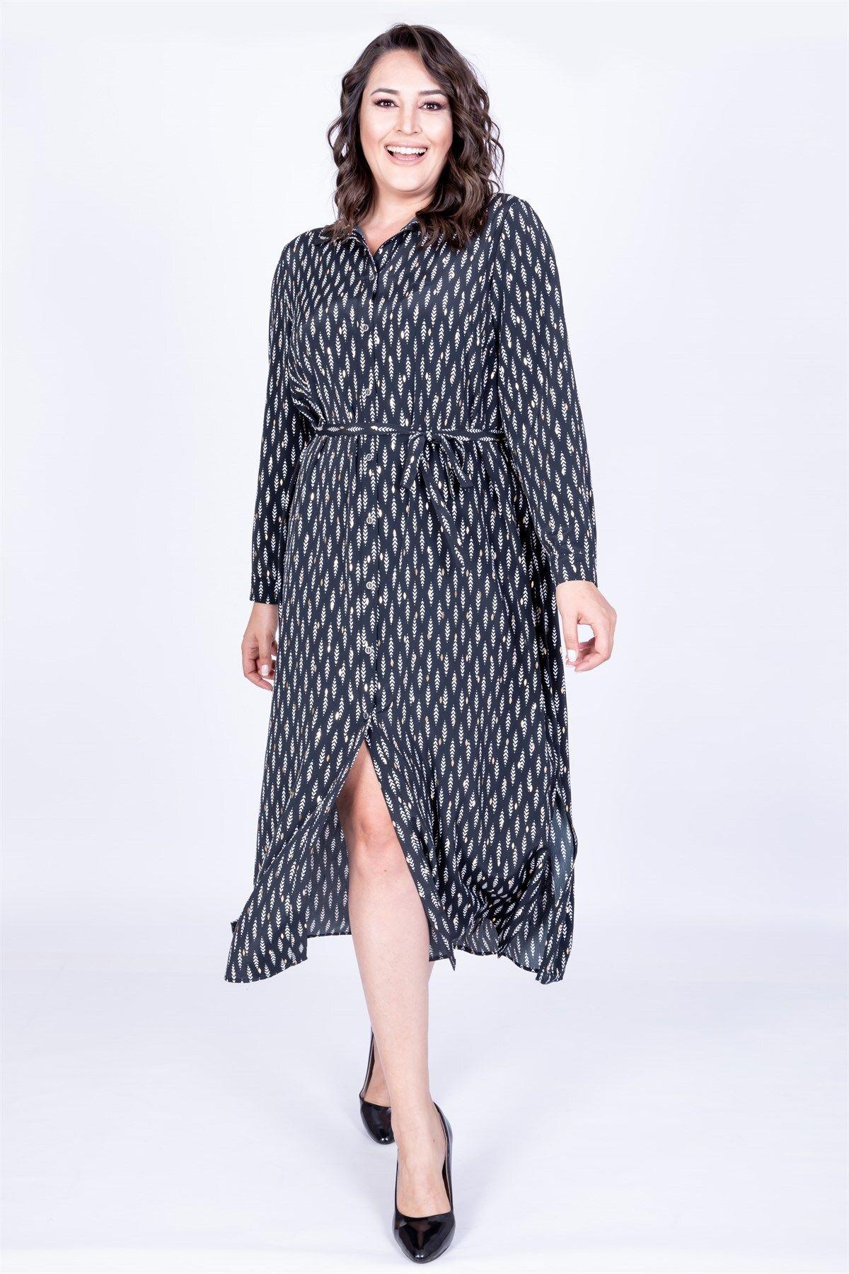 

Women s Big Size Dress Belted Slit Shirt Dress L