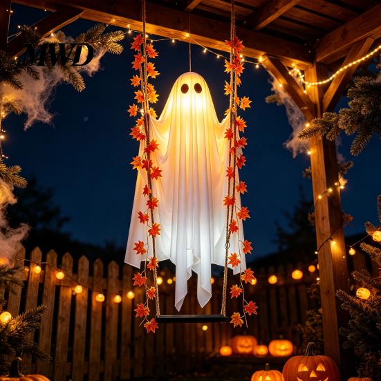 Outdoor Halloween Dekorationen Hängende Schaukel Geist, Leuchtender Schwingender Geist mit Ahornblatt Saisonale Gartenparty Ornamente Ranken Lichter Und Fernbedienung