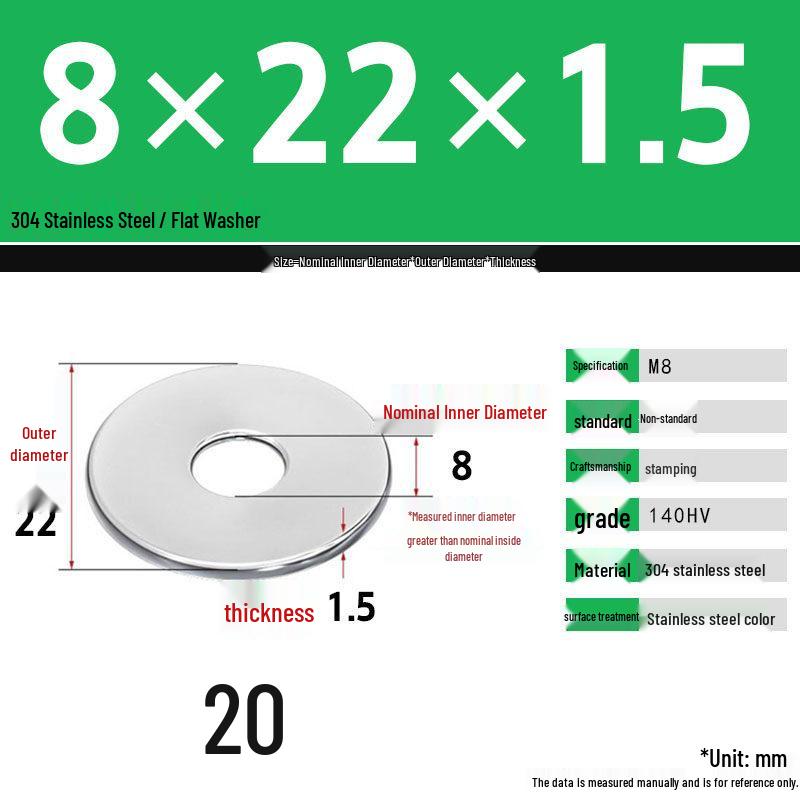 304 Stainless Steel Thickened Flat Washer Set, Sizes 2-36