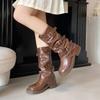 Vintage Stiefel mit dickem Absatz und mittlerer Höhe, Western-Cowboy-Stiefel, Stapelstiefel, Ritterstiefel, frühe Herbst-Martinsstiefel, französische Röhrenstiefel, Damenstiefel
