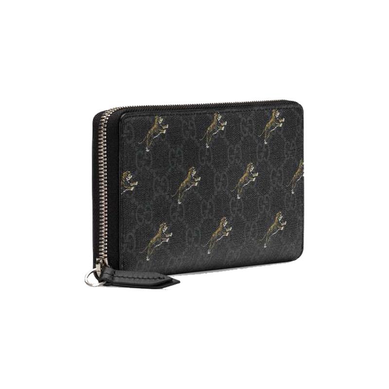 Gucci Tiger Print Presbyopia Logo Long Zipper Canvas Patchwork Wallet Wallet Men's Black Gray