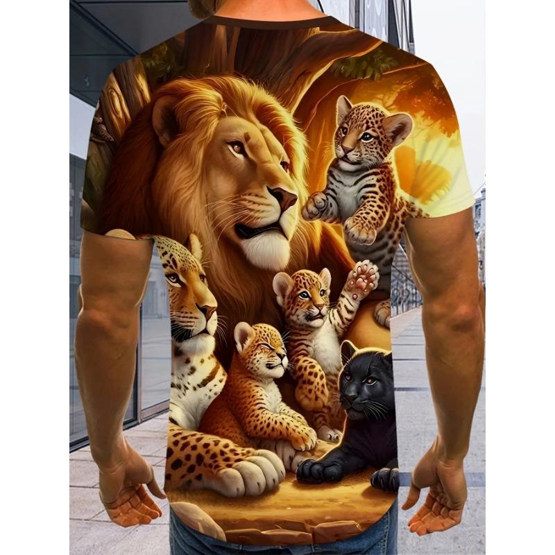 3D Jungle Animals Printed T-Shirt for Men Cool King Lion and Cheetah Cubs Graphic Short Sleeve Tees Trendy Summer Round Neck Streetwear Clothing