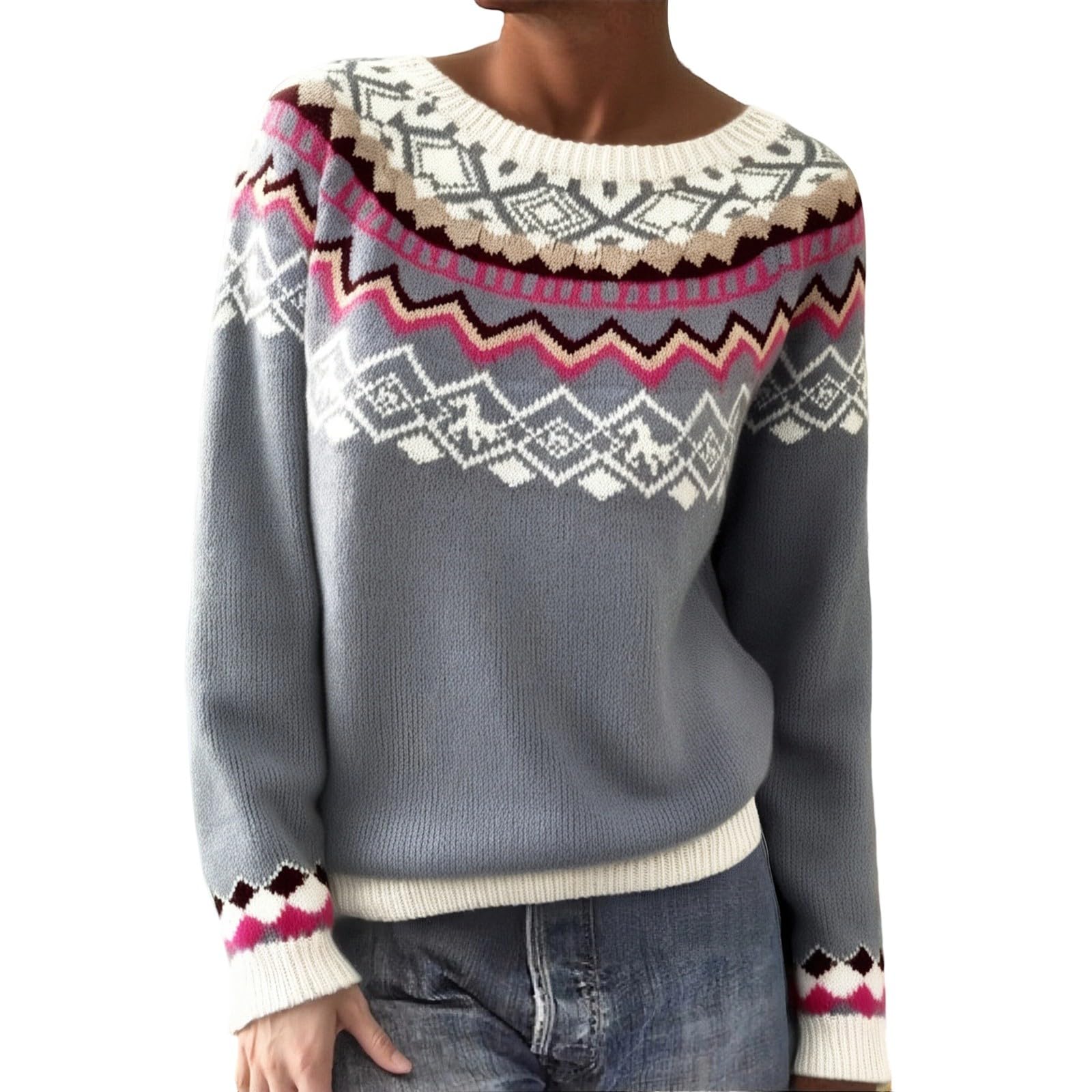 

Жіночий модний светр, круглий виріз, вільний пуловер, в язаний светр з довгими рукавами M світло-сірий колір