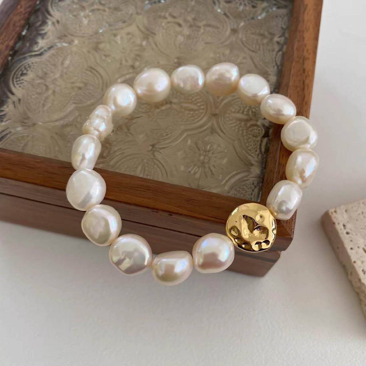 

Delicate 8-9mm Irregular Genuine Freshwater Pearl Metal Beans Beaded Strand Bracelets for Women Real Gold Plated Copper