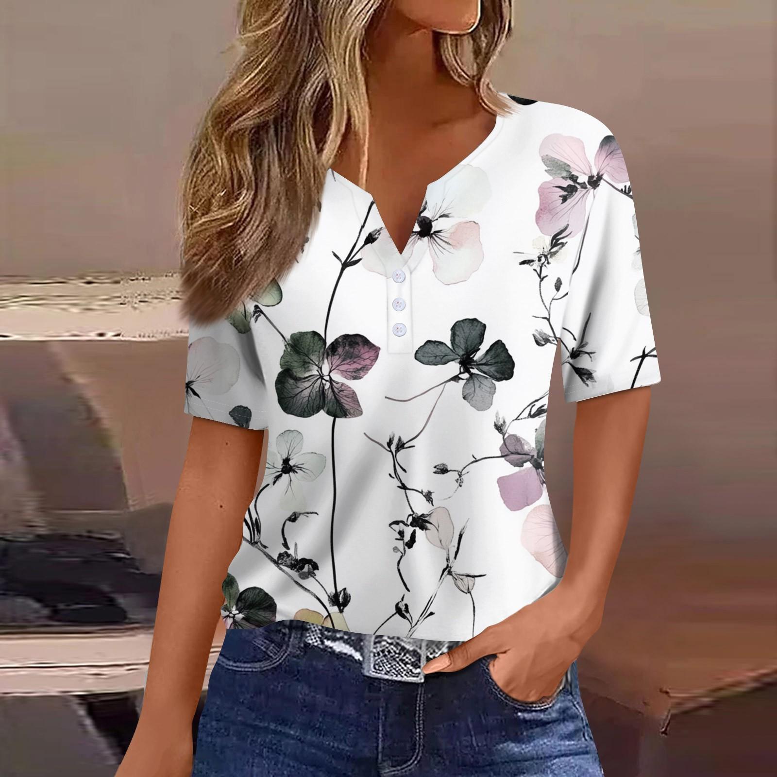 

Женская мода повседневная футболка с цветочным принтом и V-образным вырезом, коротким рукавом, на пуговицах XL белый