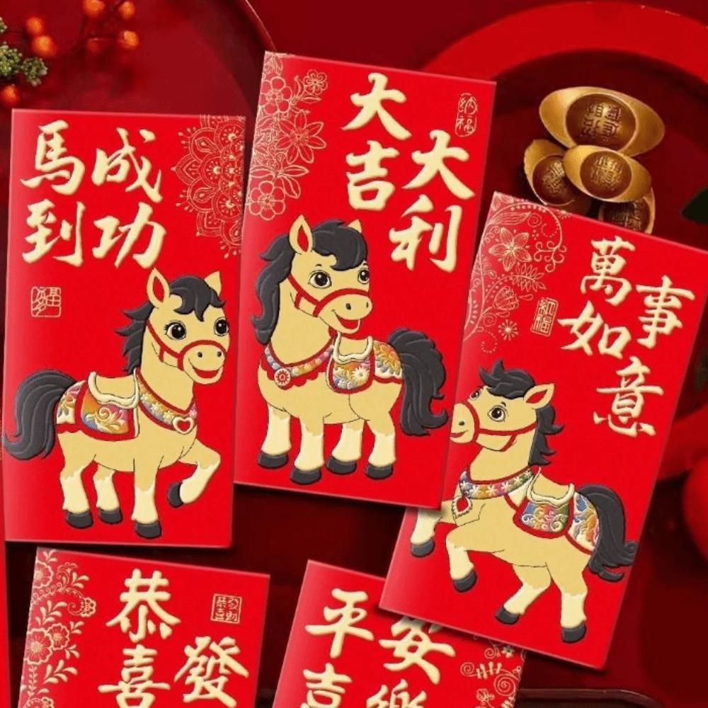 6pcs Traditional Lucky Red Pockets 2026 Horse Year Red Packet Money Bag  Chinese New Year