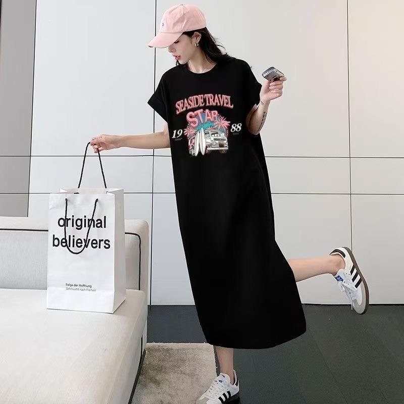 Letter-print Short-sleeved T-shirt, Loose Mid-length Knee-length Slit Dress