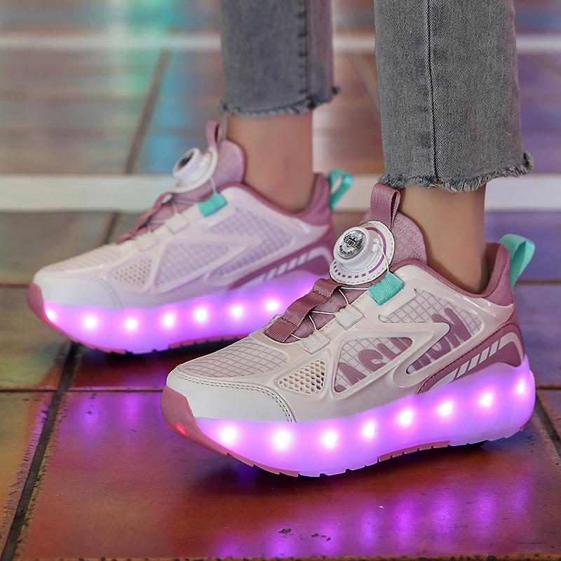 Letní Heelys Dívčí Síťované Prodyšné Kolečkové Brusle Studentky Čtyřkolečkové Dobíjecí LED Sportovní Brusle Chlapci Svítící Sportovní Boty