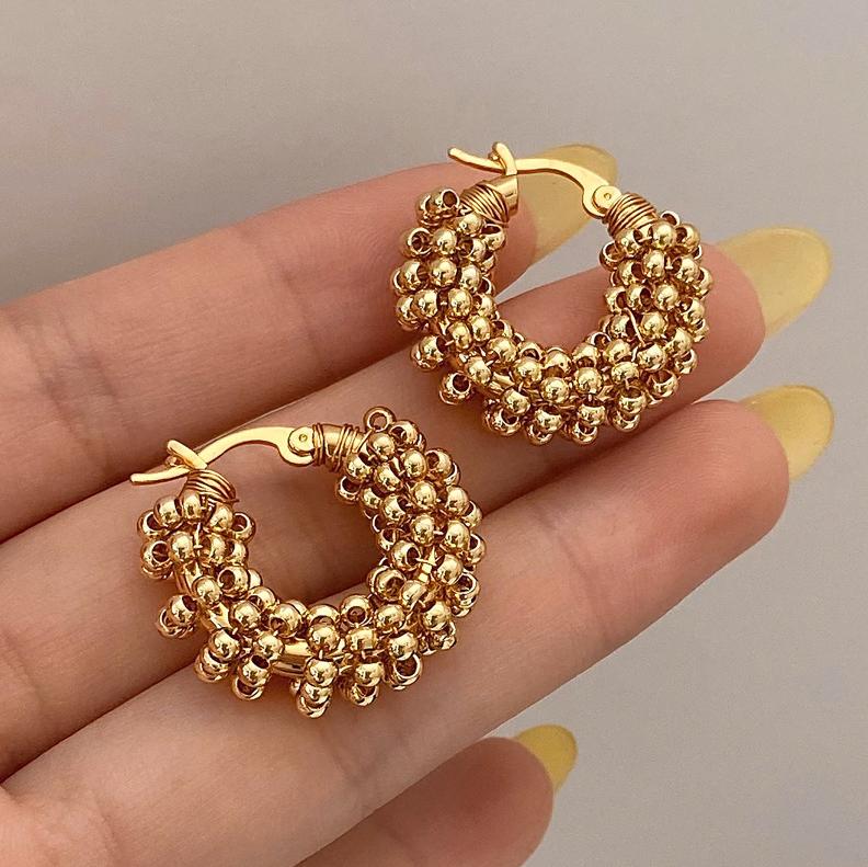 PONYKISS Sterling Silver Needle Round Twisted Bead Hoop Earrings for Women Trendy Fashion Light Luxury Accessories