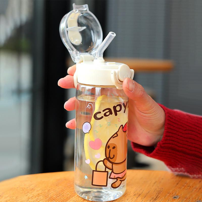 1 Piece Cartoon Capibala Cup With Straws Leakproof Water Bottle 400/750Ml Kids Water Sippy Cup Children'S Plastic Water Cup