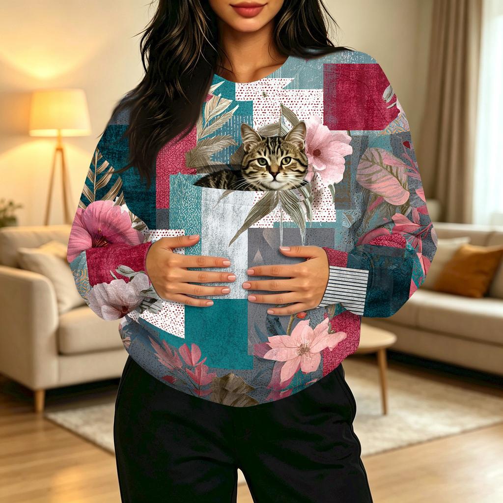 Women's Casual Crewneck Vintage Print Long Sleeve Sweatshirt with Front Pocket