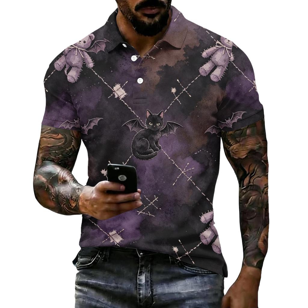 Men's Halloween Print Short Sleeve Polo Shirt Loose Fit Casual Summer Daily Wear Top with Button Placket and Classic Collar