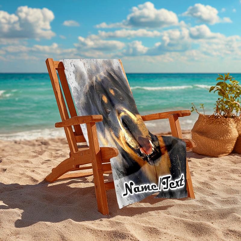 1PC Custom Name Rottweiler Portrait Artwork Beach Towel Highly Absorbent And Sand-Resistant Towel for Swimming, Pool, Yoga, And Travel Lightweight