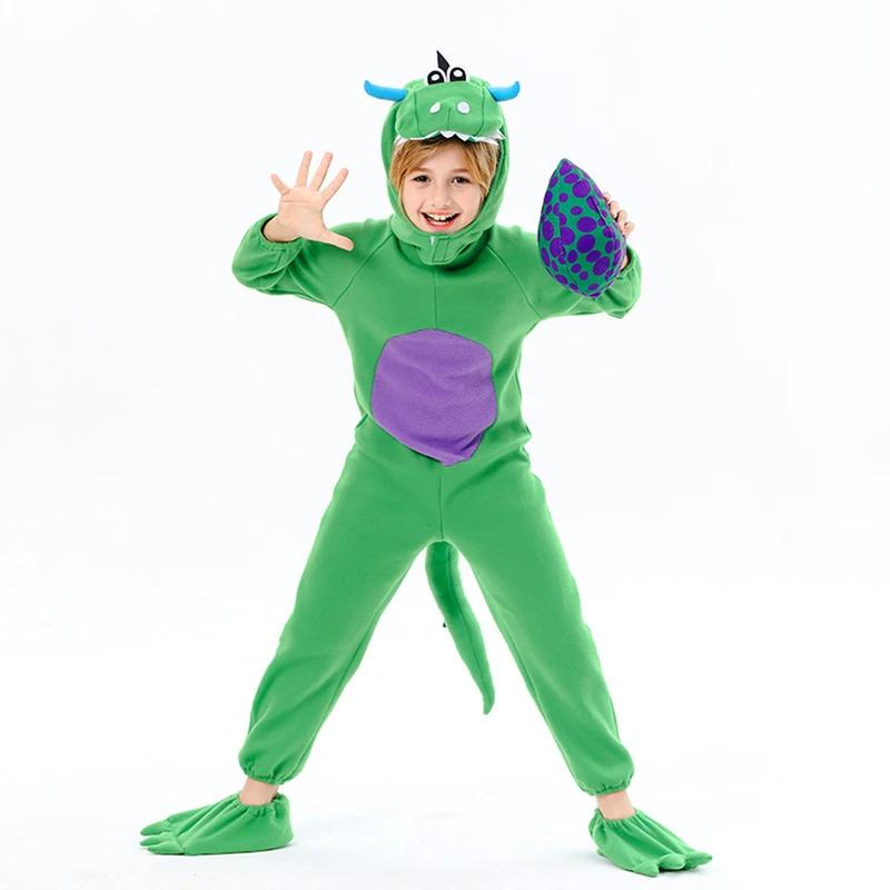 Set de costume de dinozaur pentru copii, fleece cu mânecă lungă, salopetă de dinozaur cu glugă, huse pentru picioare, costum cosplay pentru Halloween