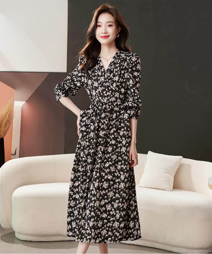 Floral Print Long Casual High Long Black Pockets Black and White Floral [Seira] Dress, Sleeve, Dress, Knee-Length, Waist, A-Line, Spring/Autumn,