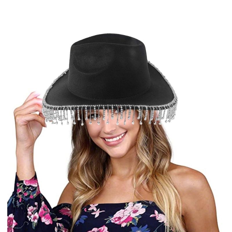 Trendy Cowboy Hat Denims Hat with Sparkling Rhinestones and Fringe Detail for Outdoor Activities Parties Halloween Hat