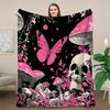 1pc Gothic Bohemian Flannel Blanket - Black & Pink Butterfly Skull & Mushroom Art with Golden & Pink Dark Floral Pattern