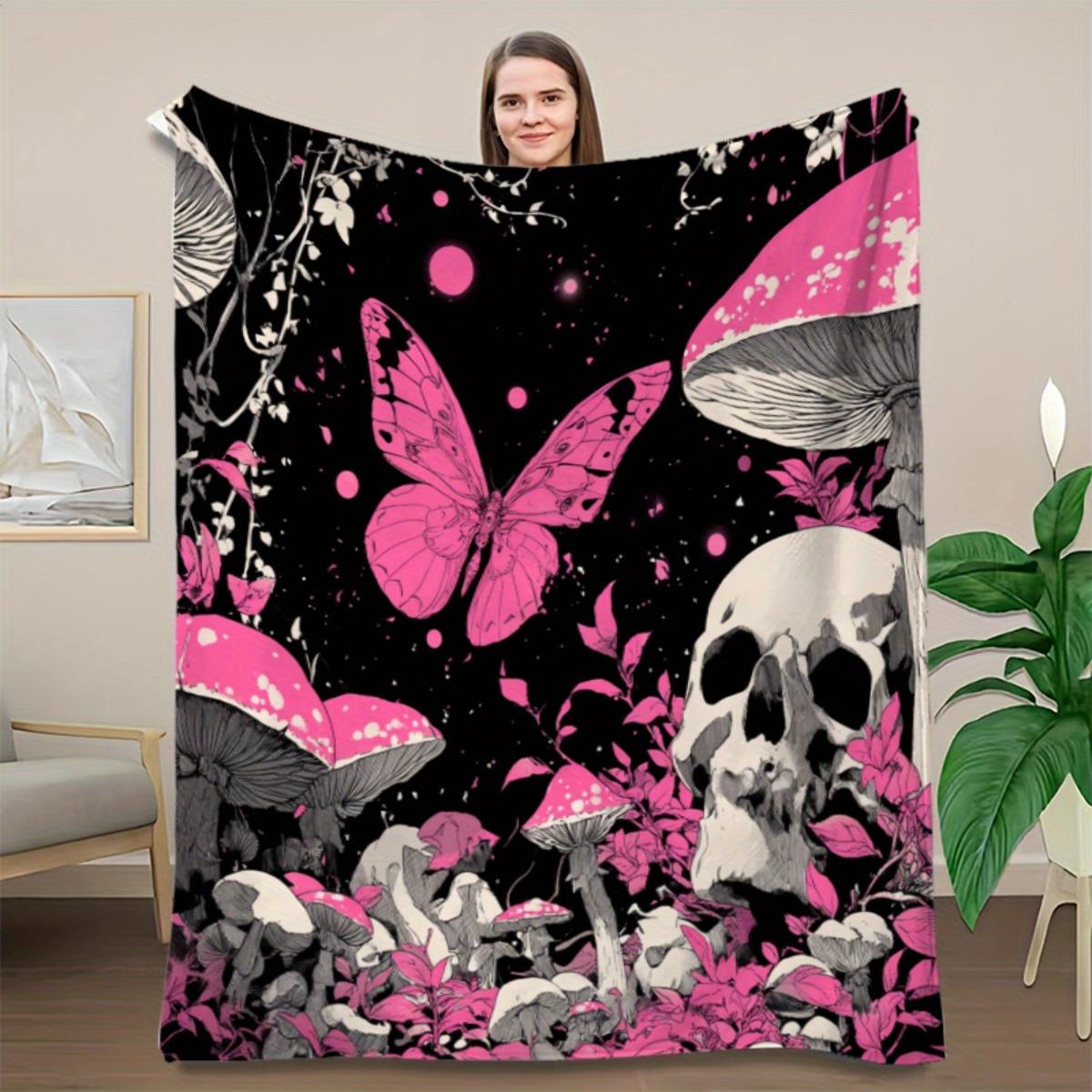 1pc Gothic Bohemian Flannel Blanket - Black & Pink Butterfly Skull & Mushroom Art with Golden & Pink Dark Floral pattern 130x150cm51x59in