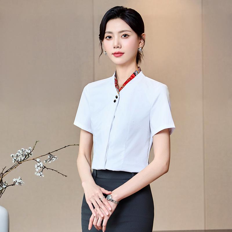 Women's Short-Sleeve Summer White Shirt - Formal, Waist-Hugging Workwear for Jewelry Store Front Desk