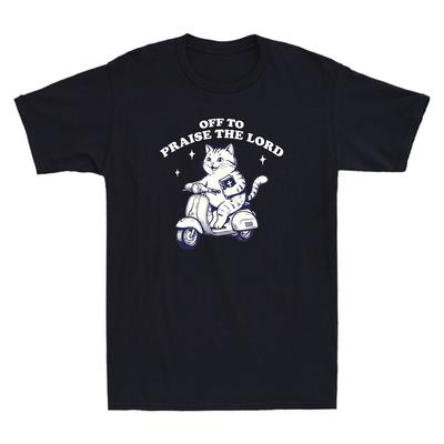 Off To Praise The Lord Funny Cat On Scooter With Bible Meme Quote Unisexs Tshirt