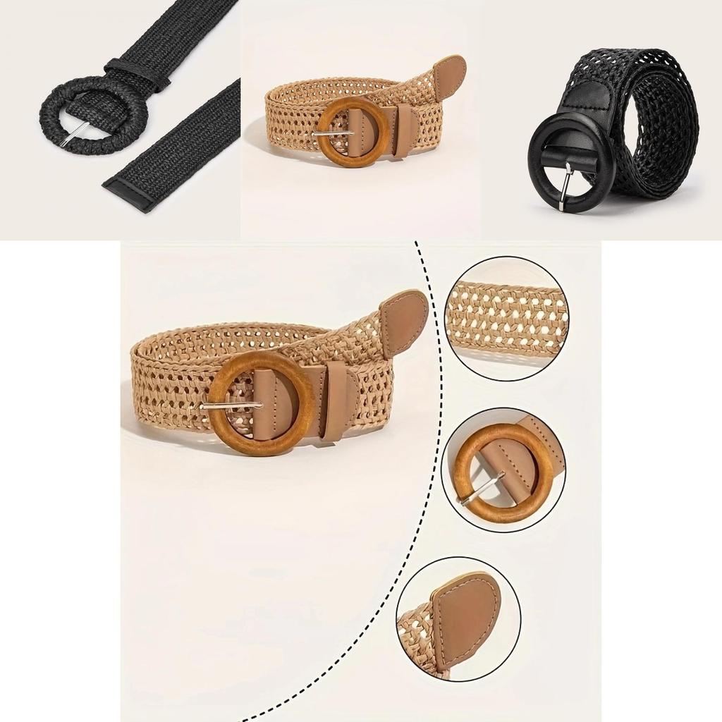 Vintage Style Woven Cotton Linen Belt With Circular Metal Buckle For Ladies Casual Wear