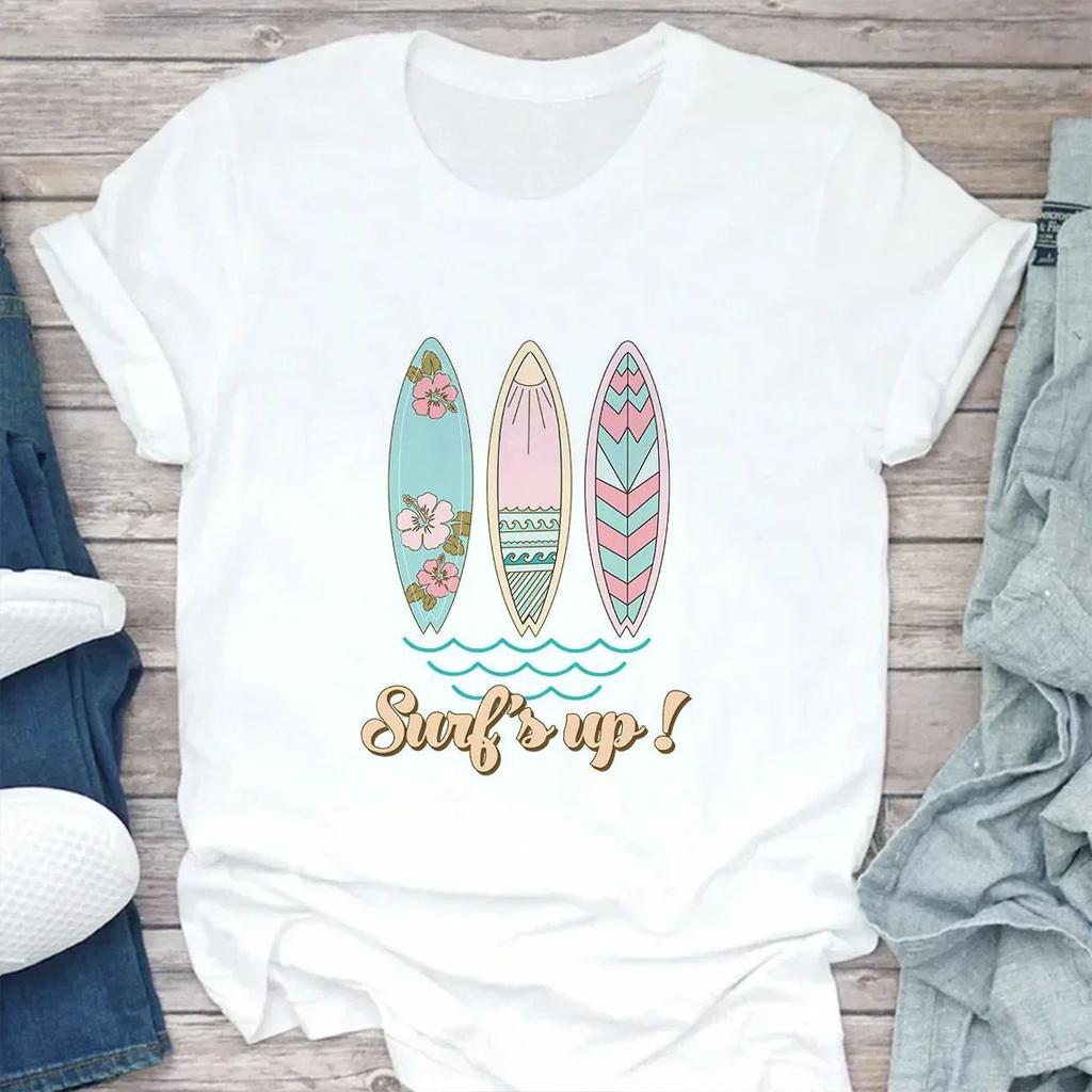 Fashion Women's T-shirt Summer Beach Print Cute Short Sleeve Ladies Fashion Casual Summer Women's T-shirt Graphic