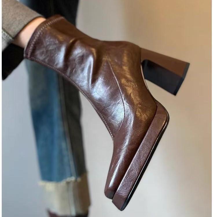 

Версия из коровьей кожи~ нишевые ботильоны на высоком каблуке с квадратным носком водонепроницаемые ботильоны на платформе женские тонкие эластичные ботильоны ботильоны 40