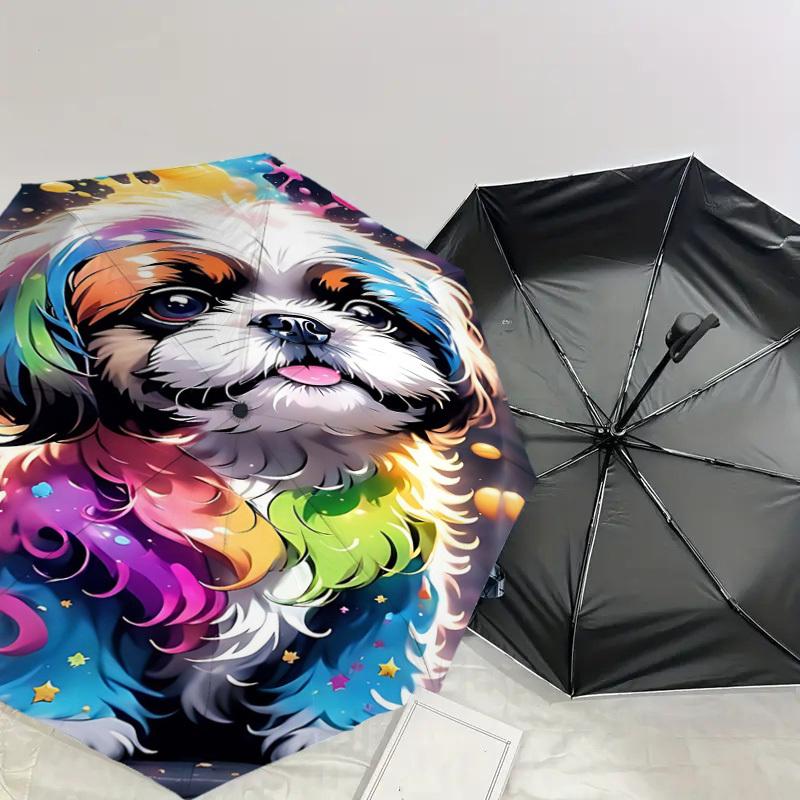 1pc Rainbow Dog Automatic Open/Close Umbrella Compact Folding Umbrella with 8-Rib Shaft for Women/Men, Portable Travel Umbrella,1232S