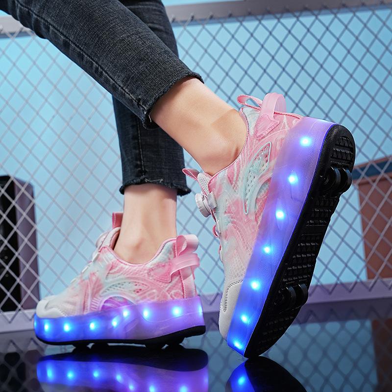 Nové boty Runaway pro chlapce Čtyřkolečková kladka Bruslení do deformace Šňůrky Světlo Luminiscenční Chodící kolečka