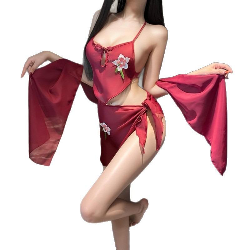 Classical Style Belly Pocket Cheongsam Pure Desire Sexy Embroidery Uniform Seduction Bridal Outfit Hot Dance Girl Erotic Underwear