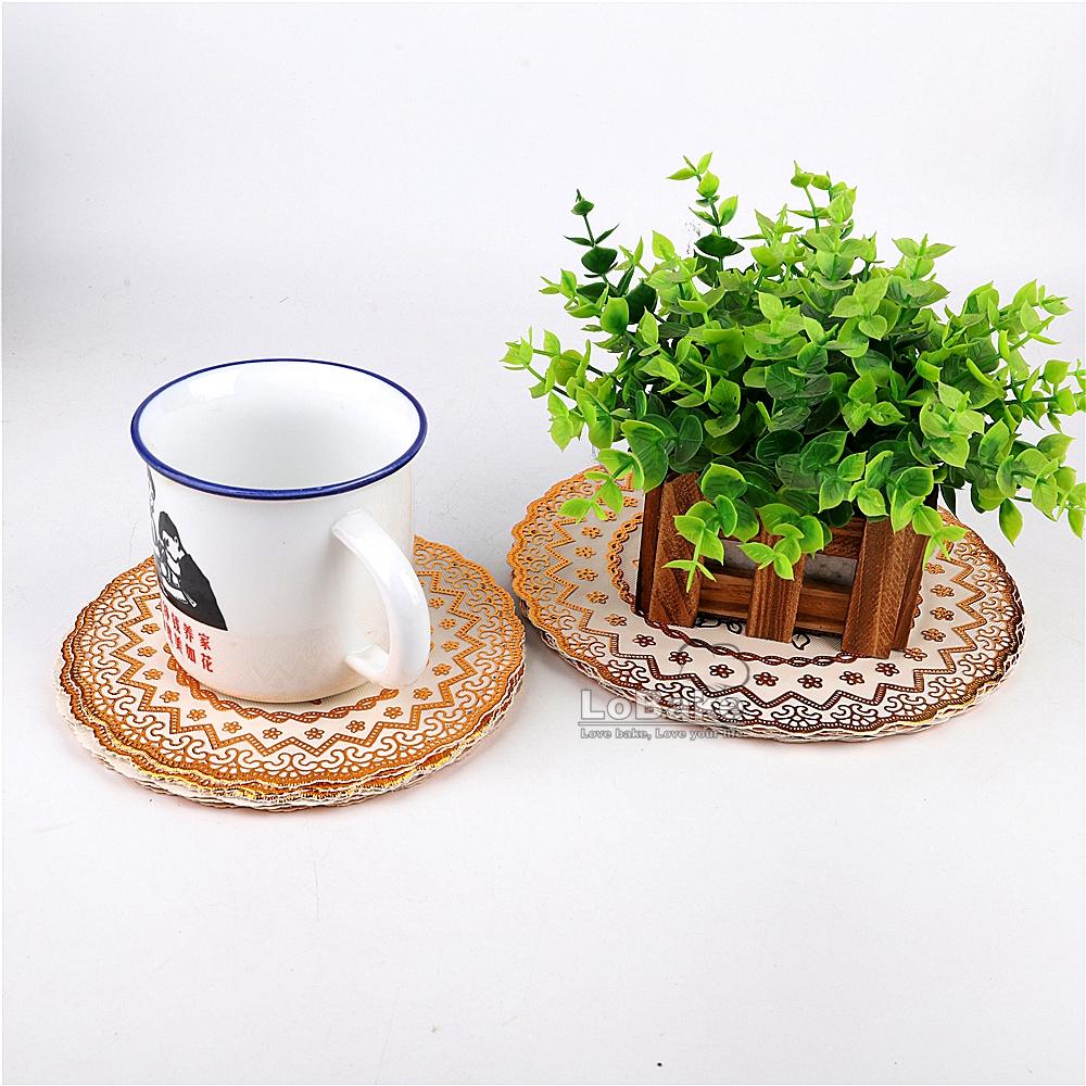 12 Stück/Packung 6 und 8 Zoll umweltfreundliches Vinyl PVC Kunststoff rund goldene Spitze Schal Deckchen Tischset Tischdeko Zubehör