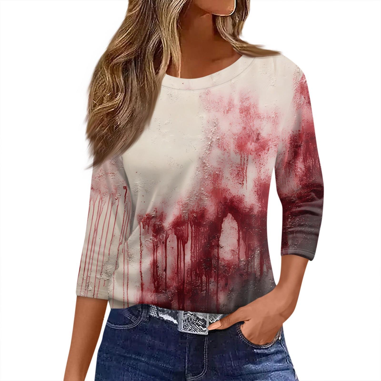 

Женская футболка с принтом на Хэллоуин, рукав 3/4, повседневная мода, базовая, с круглым вырезом, обычный топ XL арбуз красный