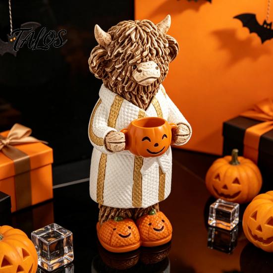 Spooky Seasonal Tiered Tray Decor Halloween Highland Cow Figurine, Resin Statue with Pumpkin Mug, Cute Animal Desk Accessories Farmhouse Fall Tabletop