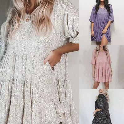Solid Colour Fashion Sequins Round Neck Loose Waist Short Sleeve Dresses Party Dresses