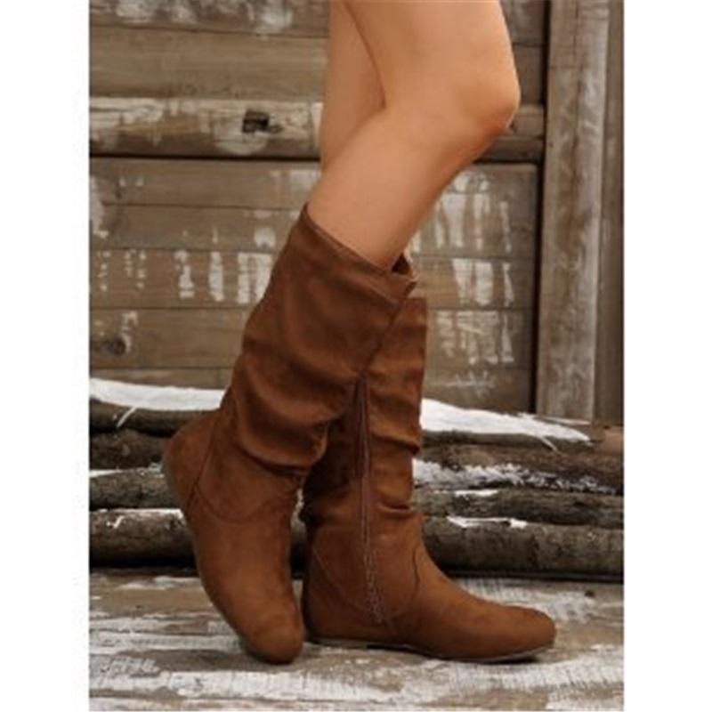 Women Western Mid‑Calf Boots Suede Wrinkle Flat Heel Side Zipper Casual Slouch Boots Fashion Fall Winter Daily Shoes