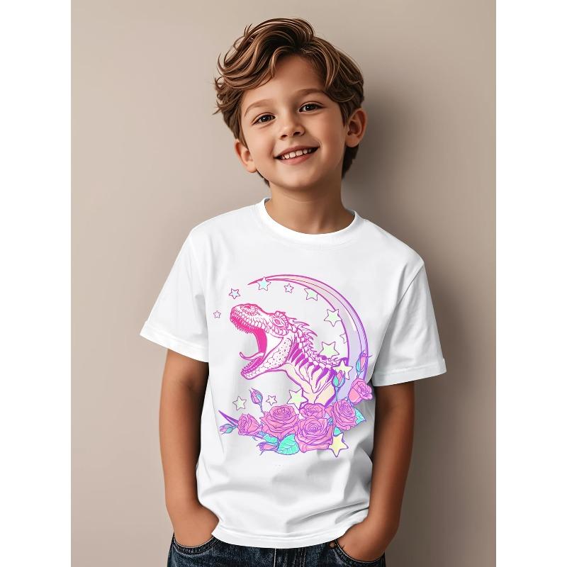 Children Crew Neck Short Sleeve T-Shirt with Pink Dinosaur & Rose Print 110 белый